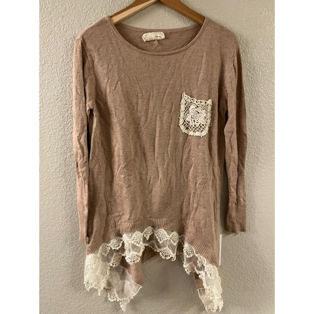 A’reve Brown Knit Lace Trimmed Long Sleeve Sweater Tunic Small/Medium